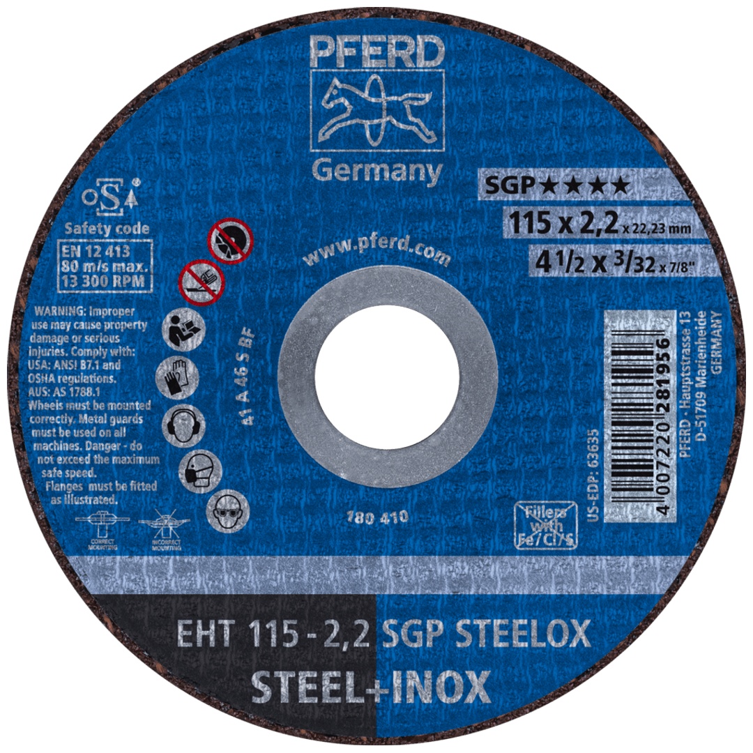 PFERD TOOLS Trennscheibe EHT 115x2,2x22,23 mm gerade Speziallinie SGP STEELOX für Stahl/Edelstahl