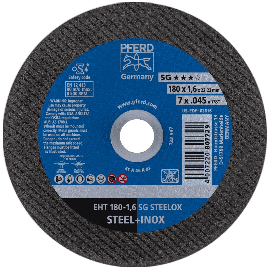 PFERD TOOLS Trennscheibe EHT 180x1,6x22,23 mm gerade Leistungslinie SG STEELOX für Stahl/Edelstahl