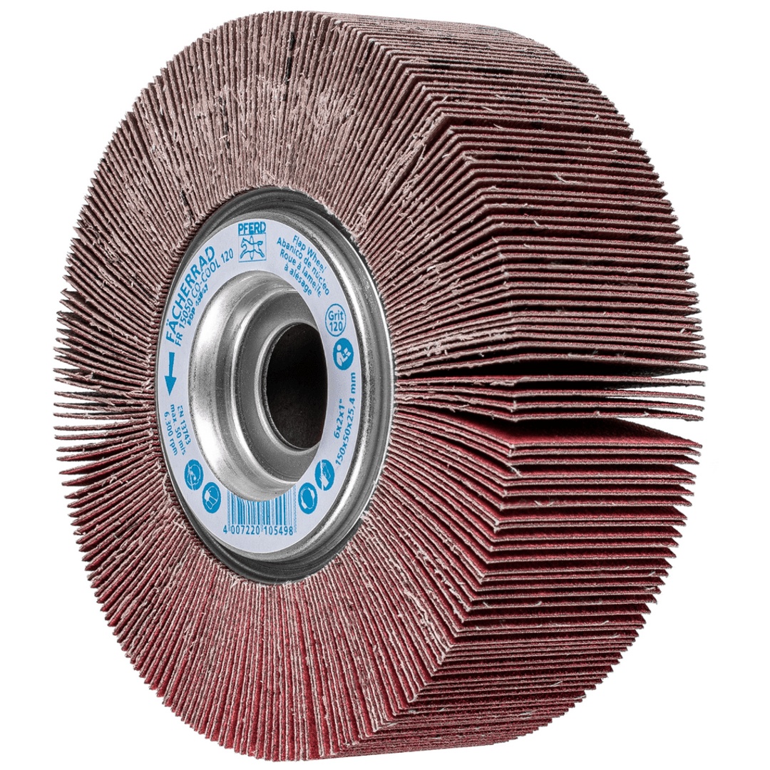 PFERD TOOLS Lamellenschleifrad FR Ø 150x50mm Bohrung Ø 25,4 mm CO-COOL120 für kühlen Schliff auf Edelstahl