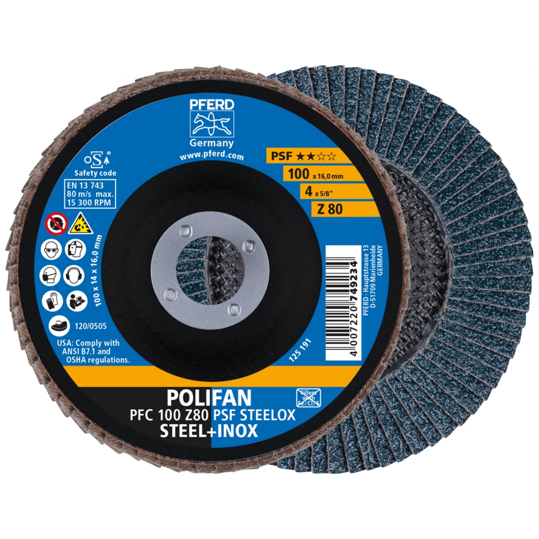 PFERD TOOLS POLIFAN Fächerscheibe PFC 100x16 mm konisch Z80 Universallinie PSF STEELOX Stahl/Edelstahl