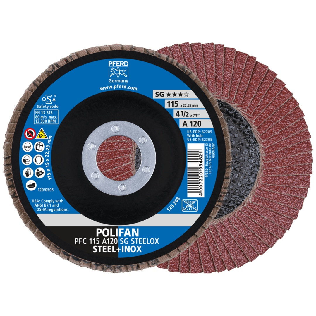 PFERD TOOLS POLIFAN Fächerscheibe PFC 115x22,23 mm konisch A120 Uni.-Linie PSF STEELOX Stahl/Edelstahl