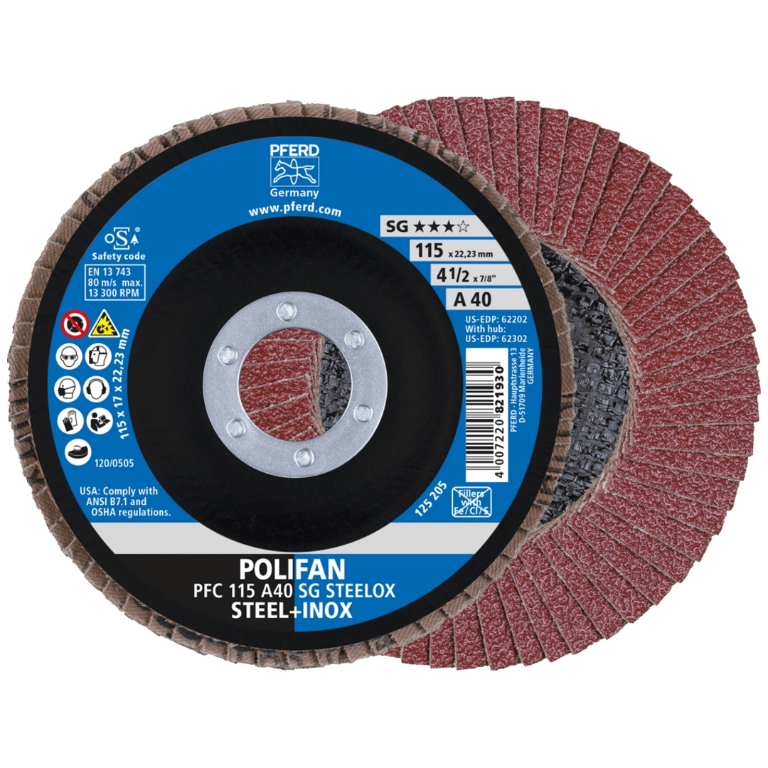PFERD TOOLS POLIFAN Fächerscheibe PFC 115x22,23 mm konisch A40 Uni.-Linie PSF STEELOX Stahl/Edelstahl