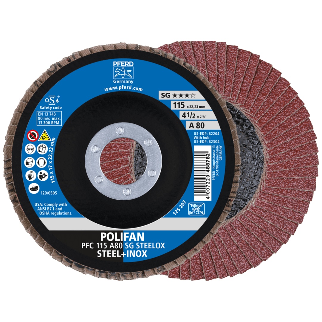 PFERD TOOLS POLIFAN Fächerscheibe PFC 115x22,23 mm konisch A80 Uni.-Linie PSF STEELOX Stahl/Edelstahl