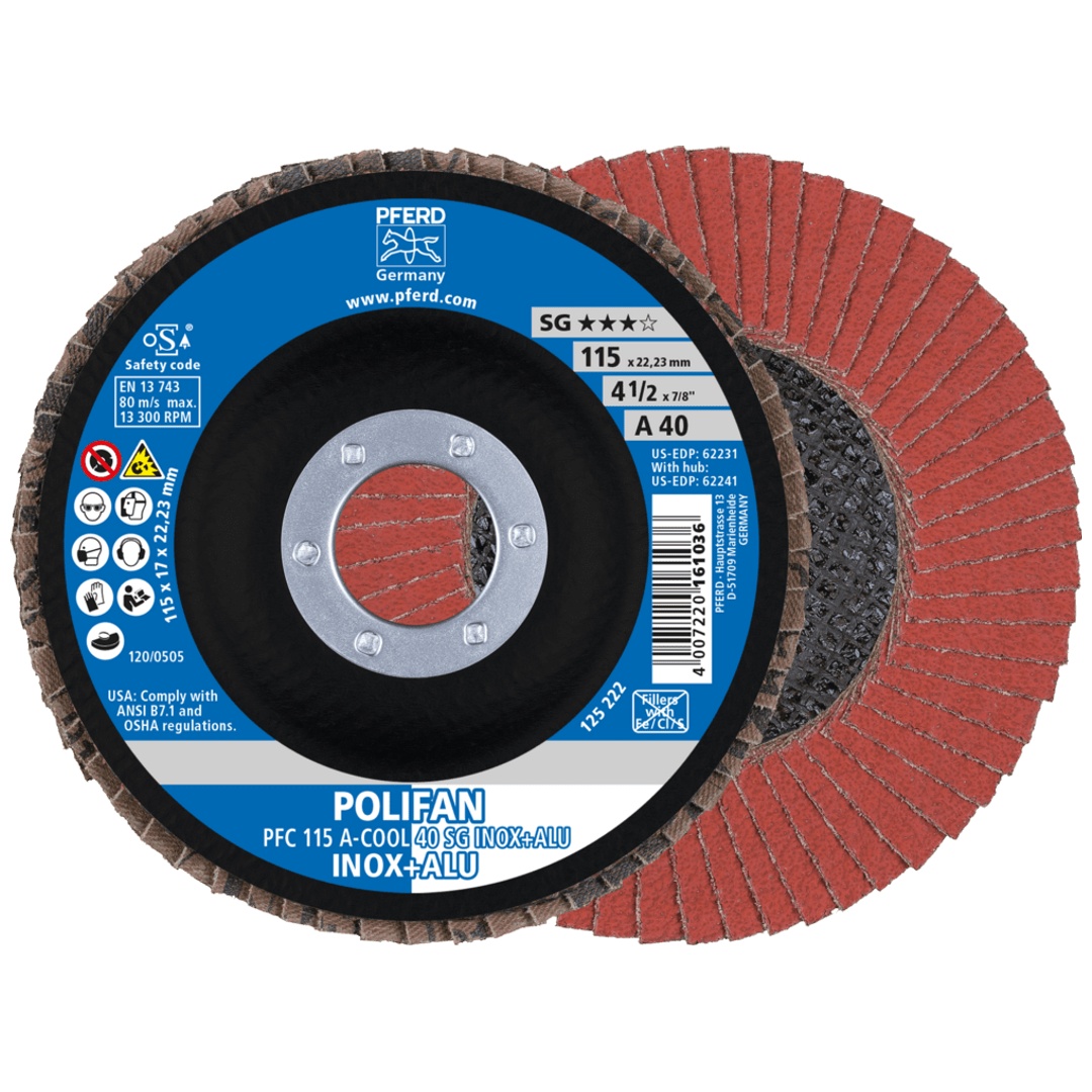 PFERD TOOLS POLIFAN Fächerscheibe PFC 115x22,23 mm konisch A-COOL 40 SG INOX+ALU Edelstahl/Alu