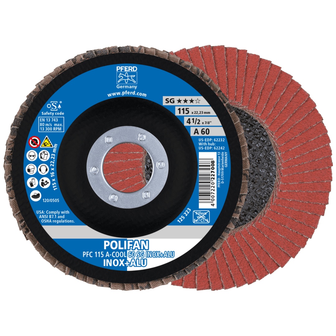 PFERD TOOLS POLIFAN Fächerscheibe PFC 115x22,23 mm konisch A-COOL 60 SG INOX+ALU Edelstahl/Alu
