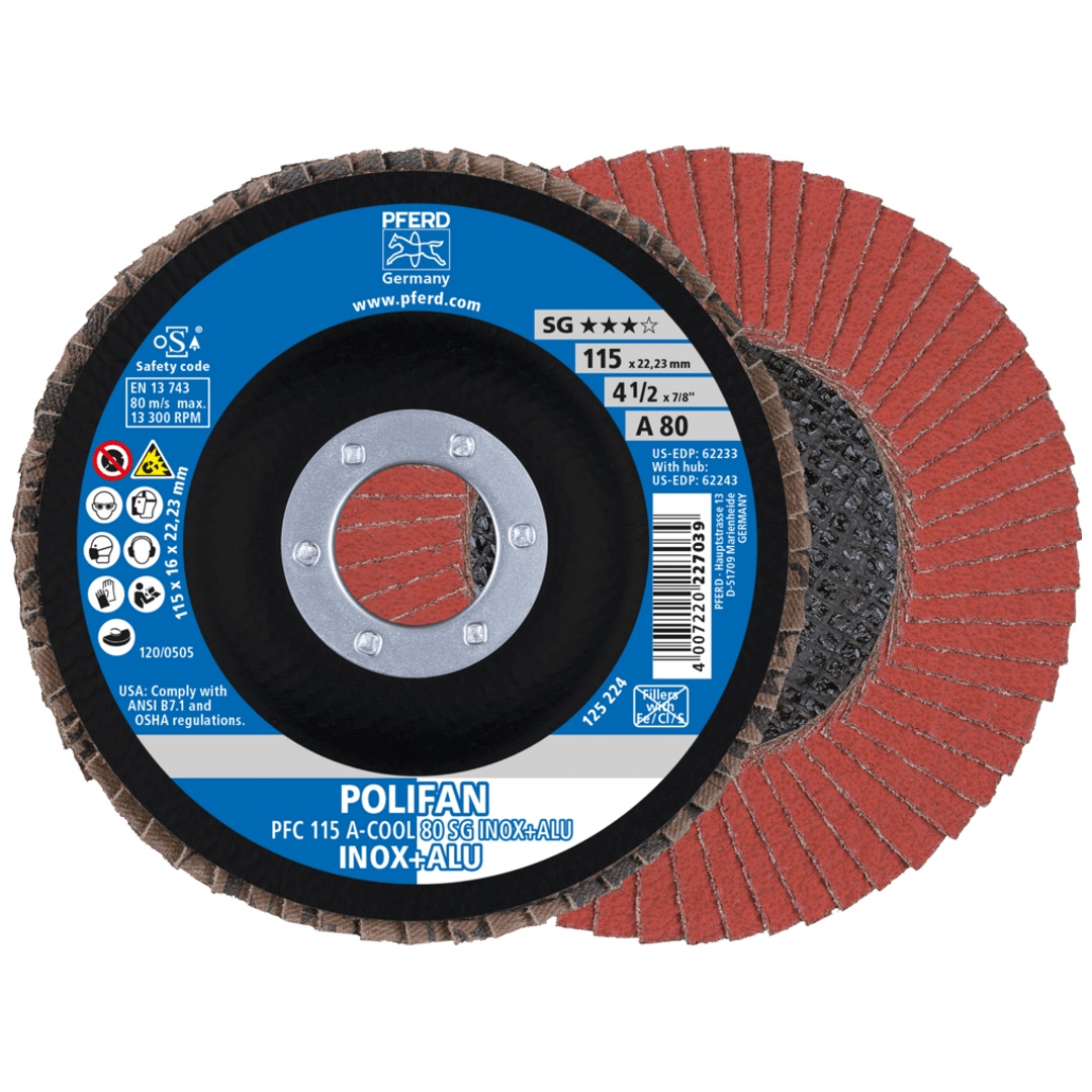 PFERD TOOLS POLIFAN Fächerscheibe PFC 115x22,23 mm konisch A-COOL 80 SG INOX+ALU Edelstahl/Alu