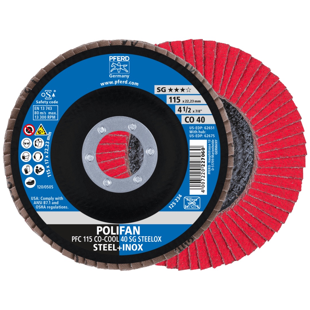 PFERD TOOLS POLIFAN Fächerscheibe PFC 115x22,23 mm konisch CO-COOL 40 SG STEELOX Stahl/Edelstahl
