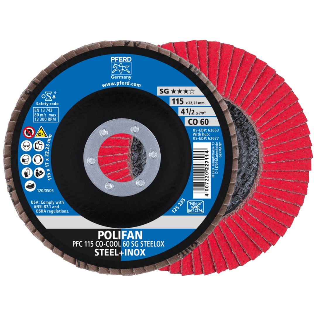 PFERD TOOLS POLIFAN Fächerscheibe PFC 115x22,23 mm konisch CO-COOL 60 SG STEELOX Stahl/Edelstahl