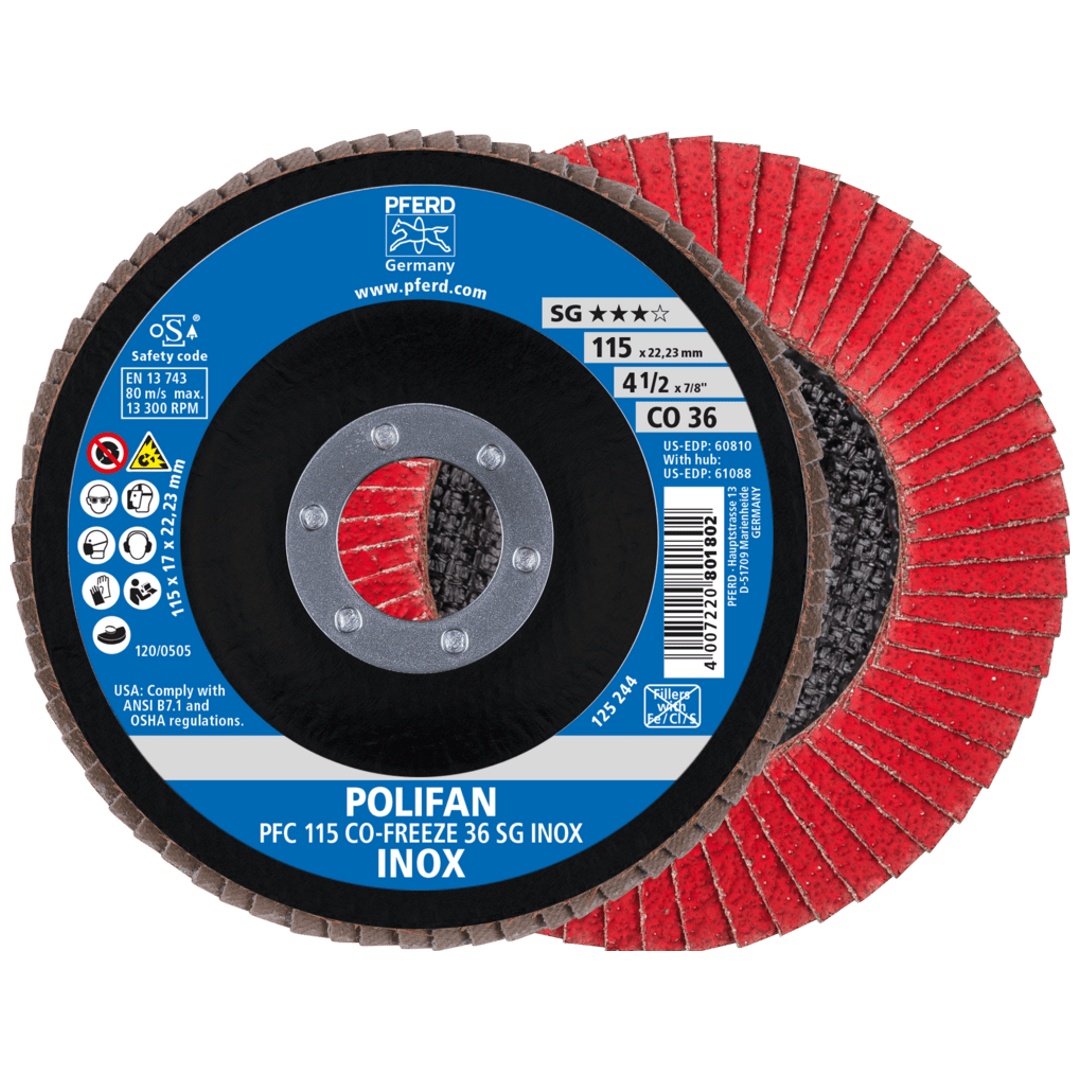 PFERD TOOLS POLIFAN Fächerscheibe PFC 115x22,23 mm konisch CO-FREEZE 36 SG INOX Edelstahl