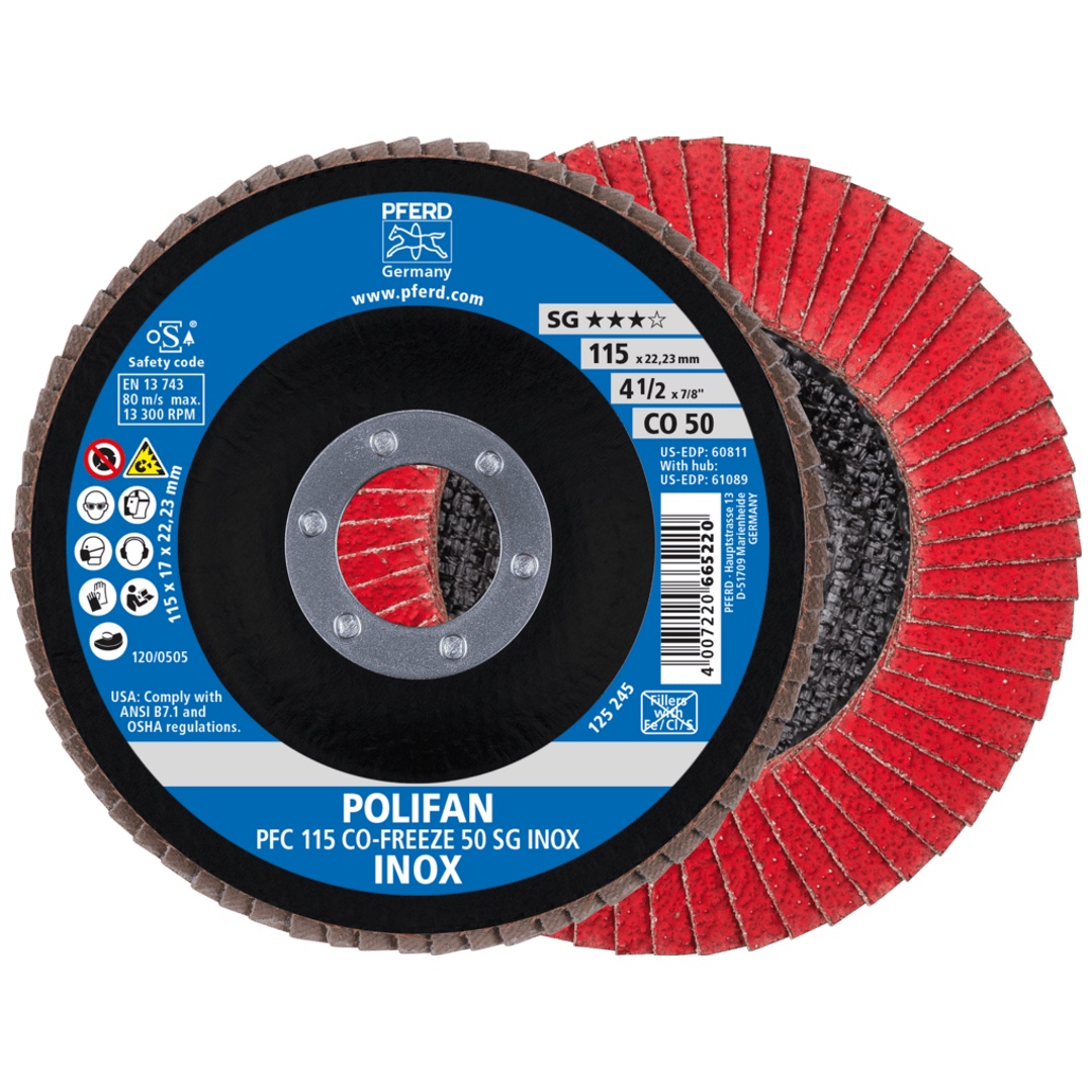 PFERD TOOLS POLIFAN Fächerscheibe PFC 115x22,23 mm konisch CO-FREEZE 50 SG INOX Edelstahl