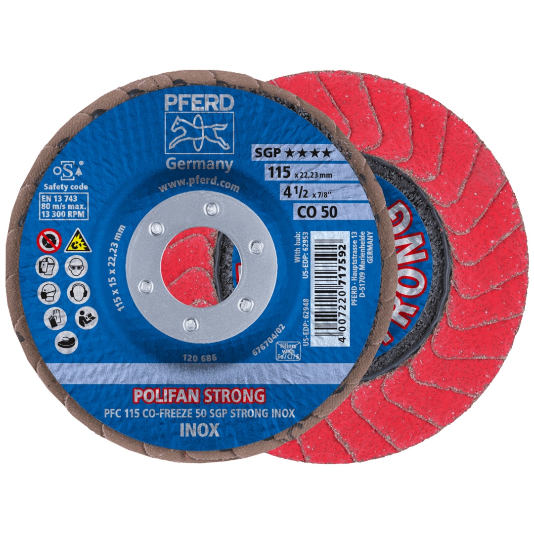 PFERD TOOLS POLIFAN STRONG Fächerscheibe PFC 115x22,23 mm konisch CO-FREEZE 50 SGP INOX für Edelstahl