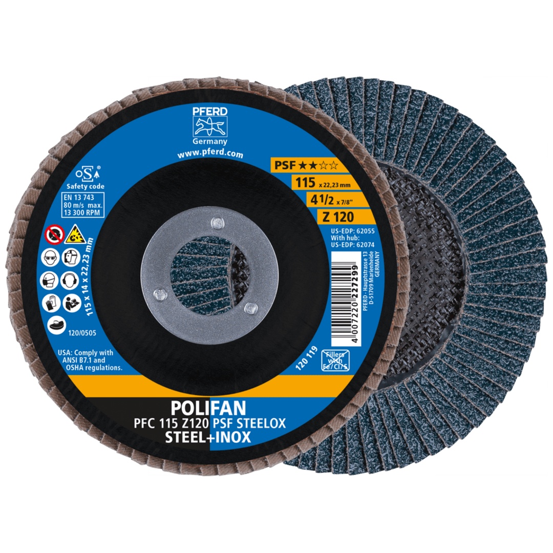 PFERD TOOLS POLIFAN Fächerscheibe PFC 115x22,23 mm konisch Z120 Uni.-Linie PSF STEELOX Stahl/Edelstahl