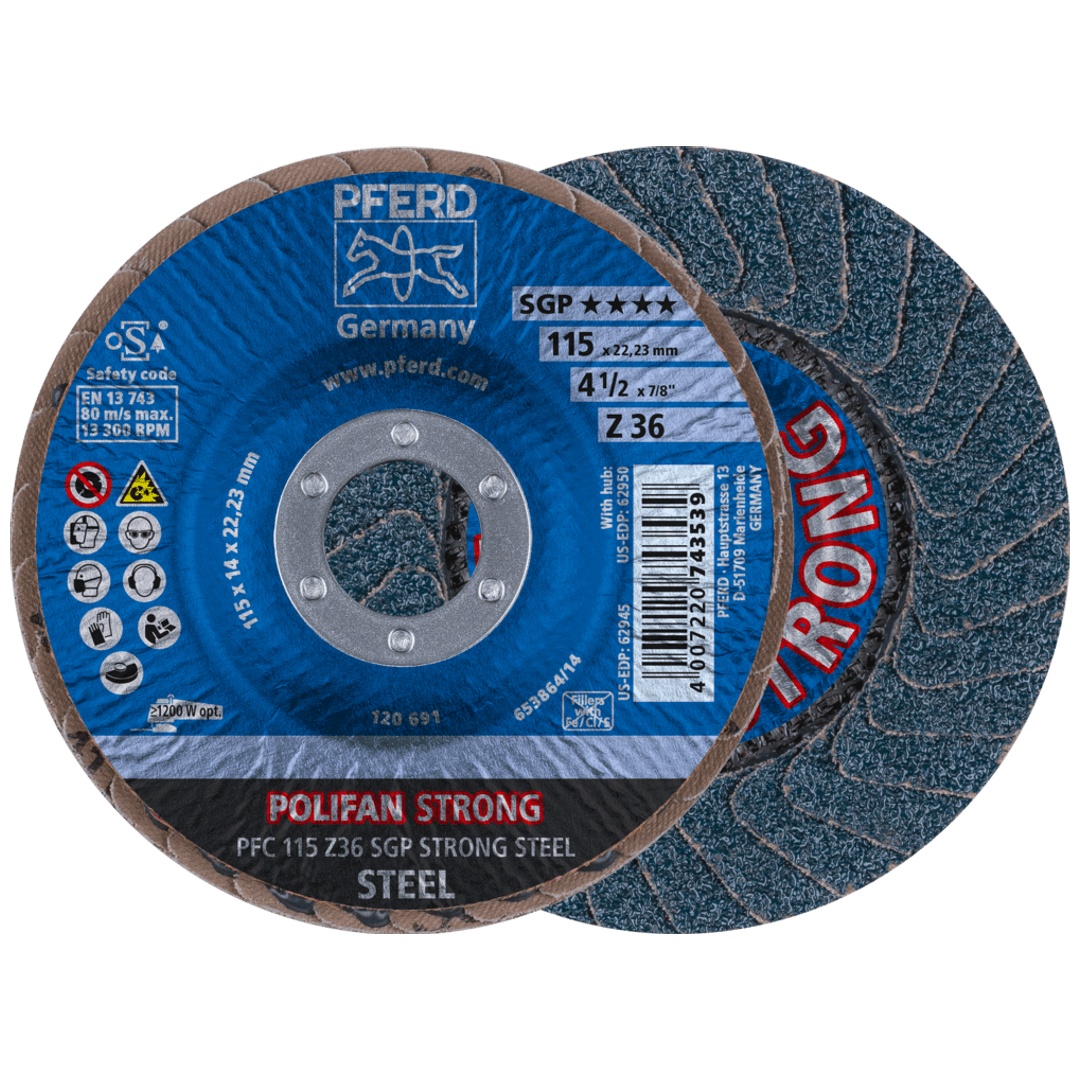 PFERD TOOLS POLIFAN STRONG Fächerscheibe PFC 115x22,23 mm konisch Z36 Speziallinie SGP STEEL für Stahl