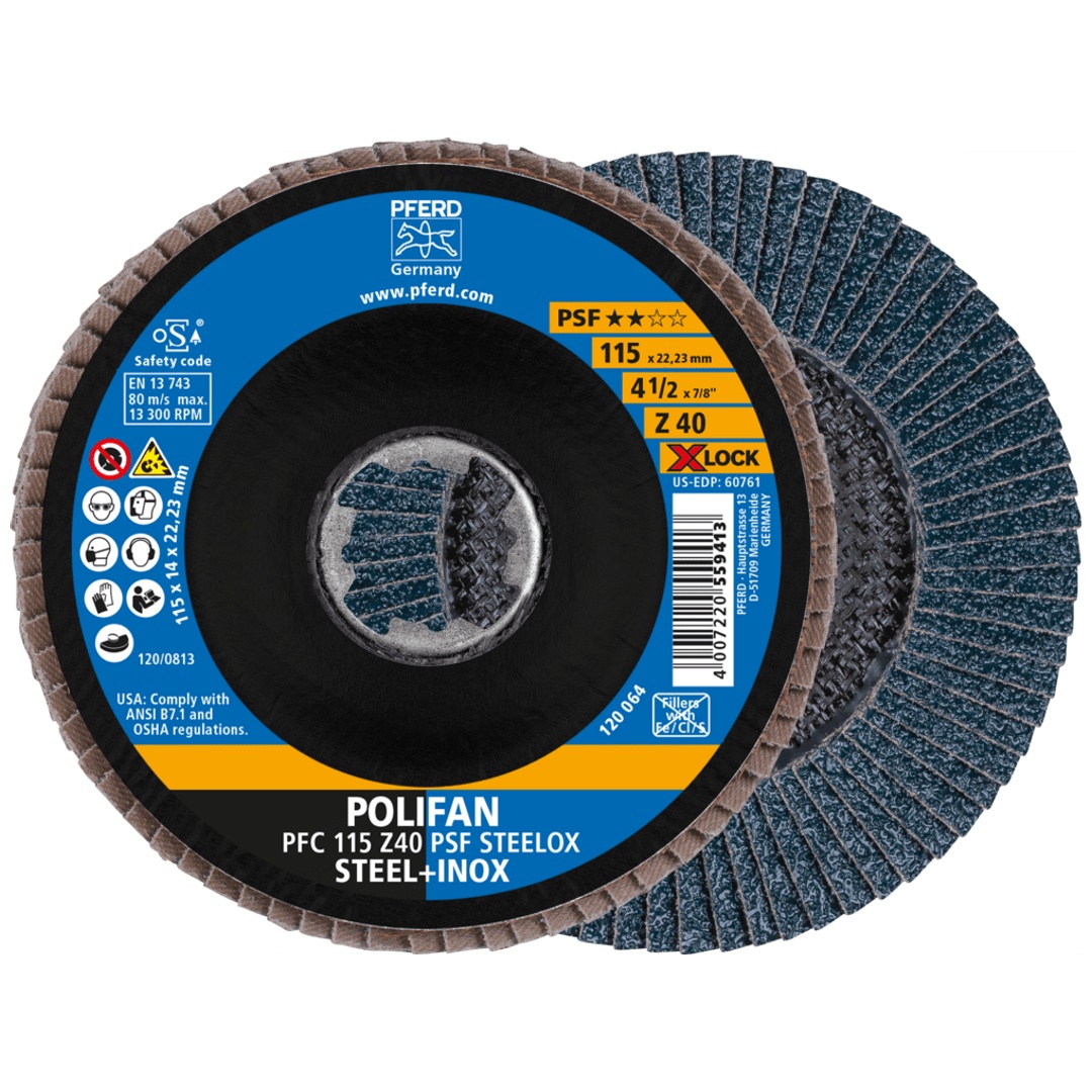 PFERD TOOLS POLIFAN Fächerscheibe PFC 115 mm X-LOCK konisch Z40 Uni.-Linie PSF STEELOX Stahl/Edelstahl