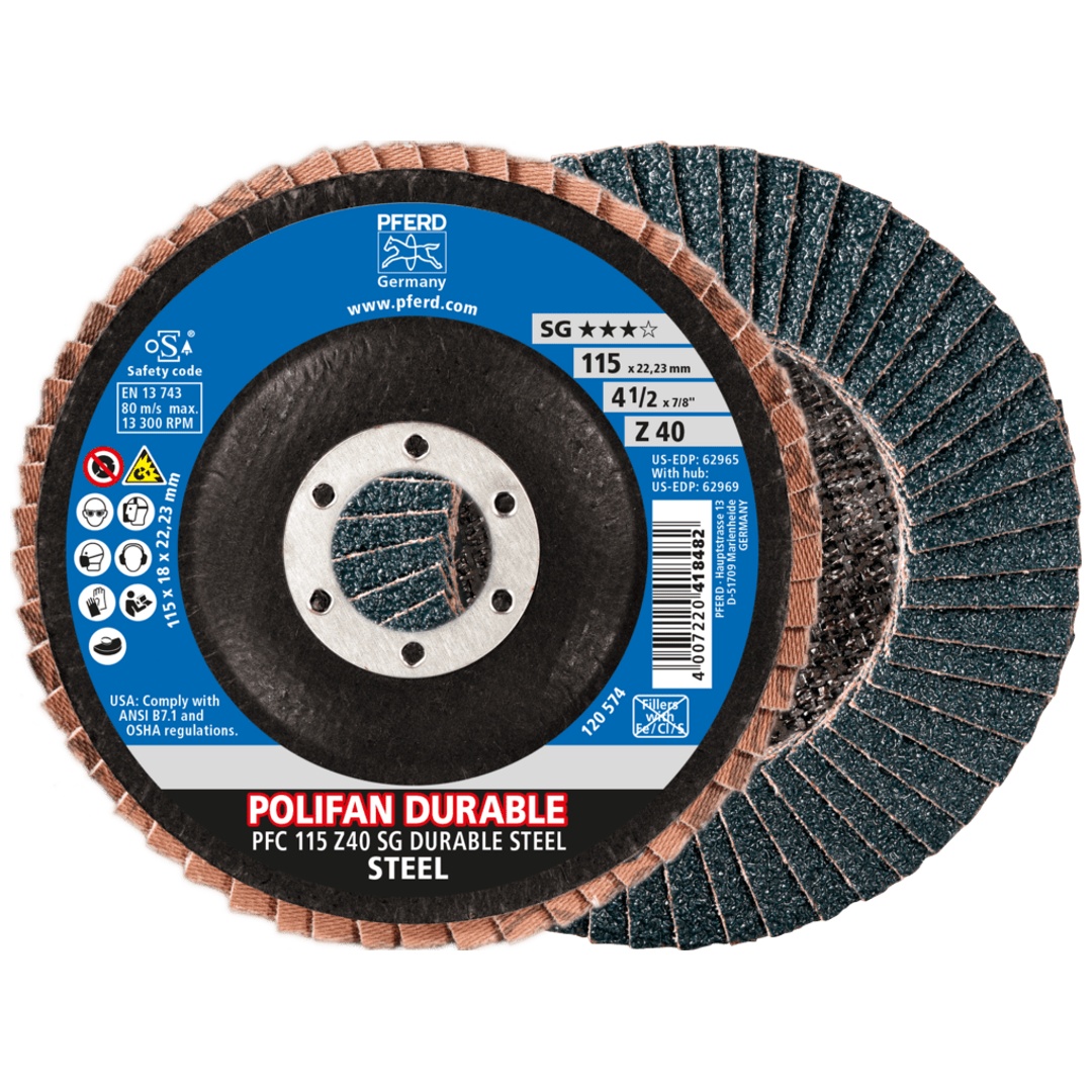 PFERD TOOLS POLIFAN POWER Fächerscheibe PFC 115x22,23 mm konisch Z40 Leistungslinie SG DURABLE STEEL für Stahl