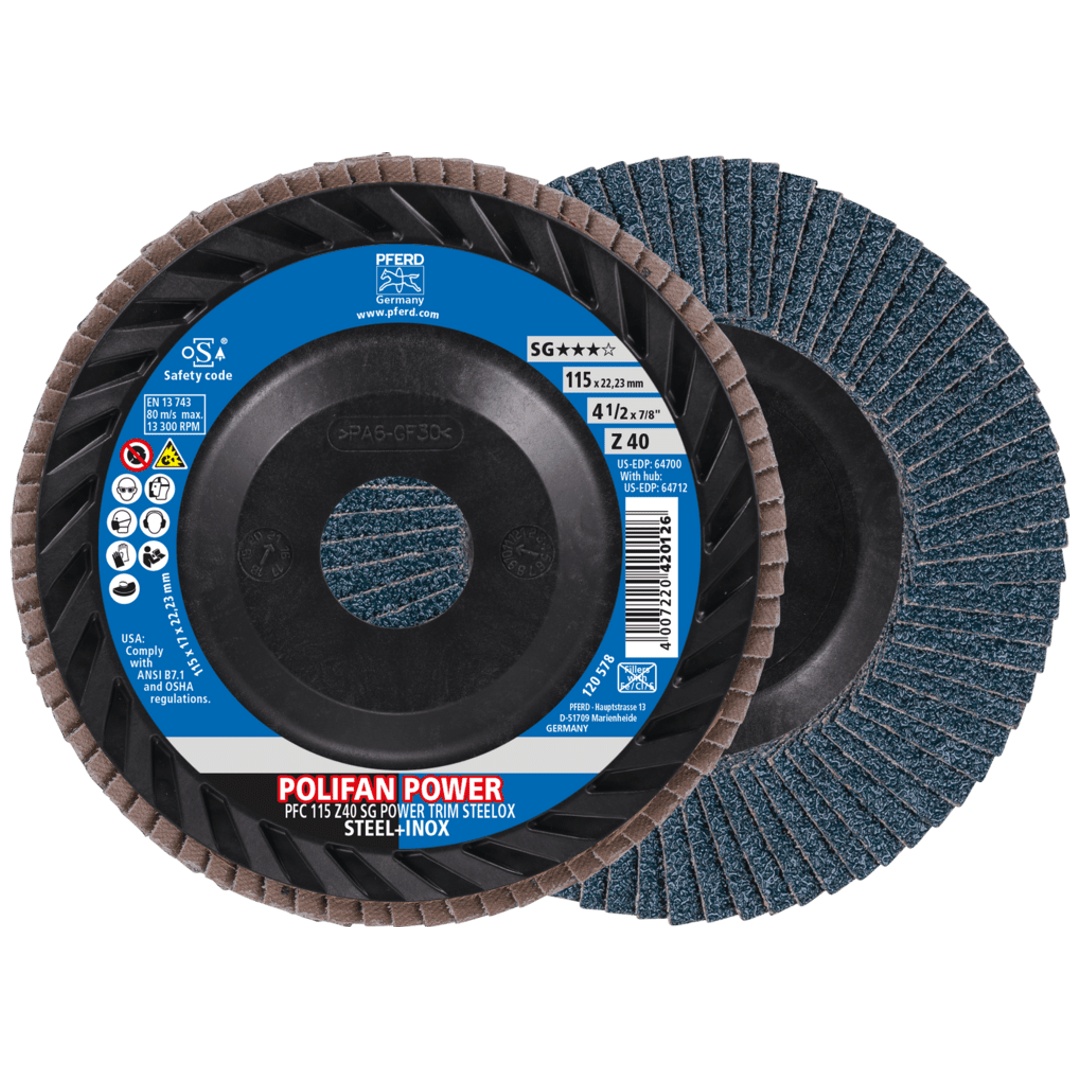 PFERD TOOLS POLIFAN POWER Fächerscheibe PFC 115x22,23 mm konisch Z40 Leistungslinie SG TRIM STEELOX für Stahl/Edelstahl
