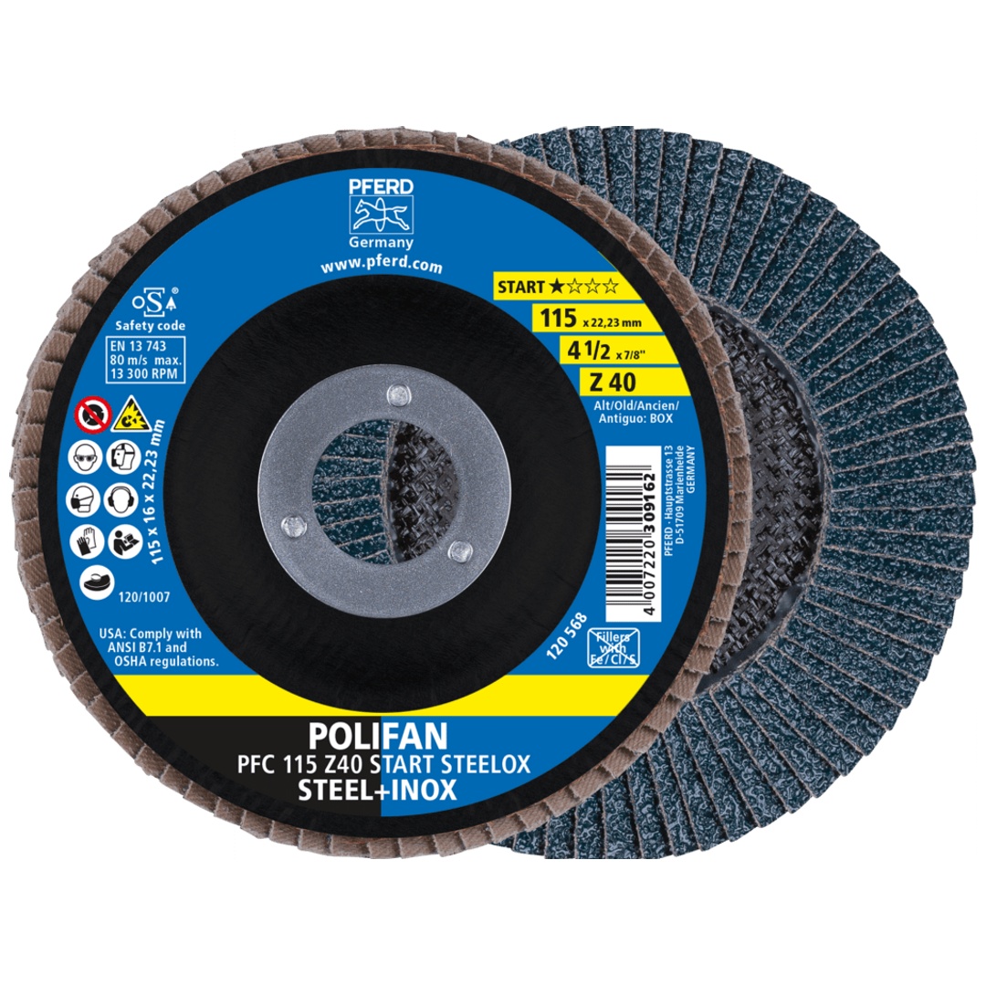 PFERD TOOLS POLIFAN Fächerscheibe PFC 115x22,23 mm konisch Z40 Startlinie START STEELOX Stahl/Edelstahl