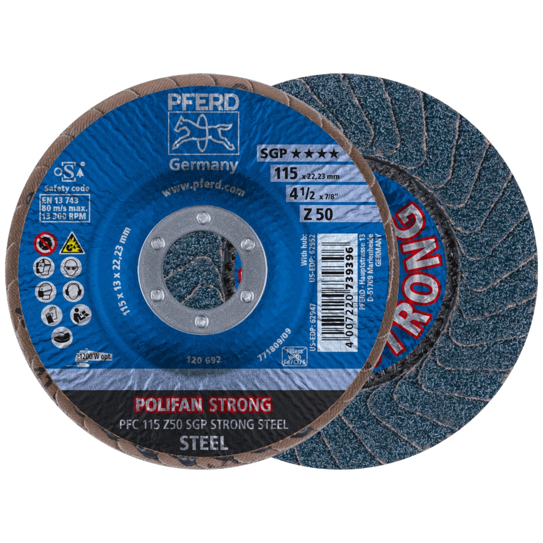PFERD TOOLS POLIFAN STRONG Fächerscheibe PFC 115x22,23 mm konisch Z50 Speziallinie SGP STEEL für Stahl