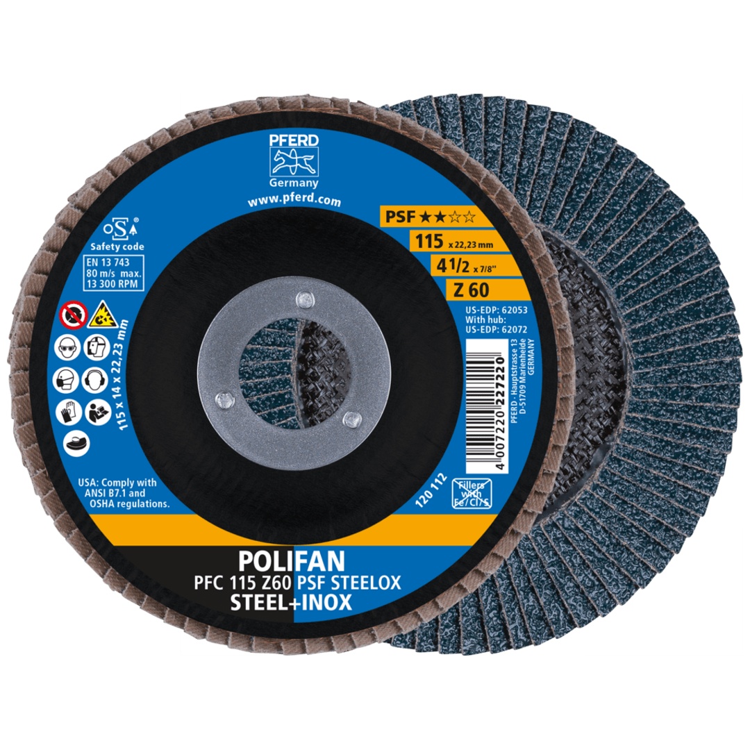 PFERD TOOLS POLIFAN Fächerscheibe PFC 115x22,23 mm konisch Z60 Uni.-Linie PSF STEELOX Stahl/Edelstahl