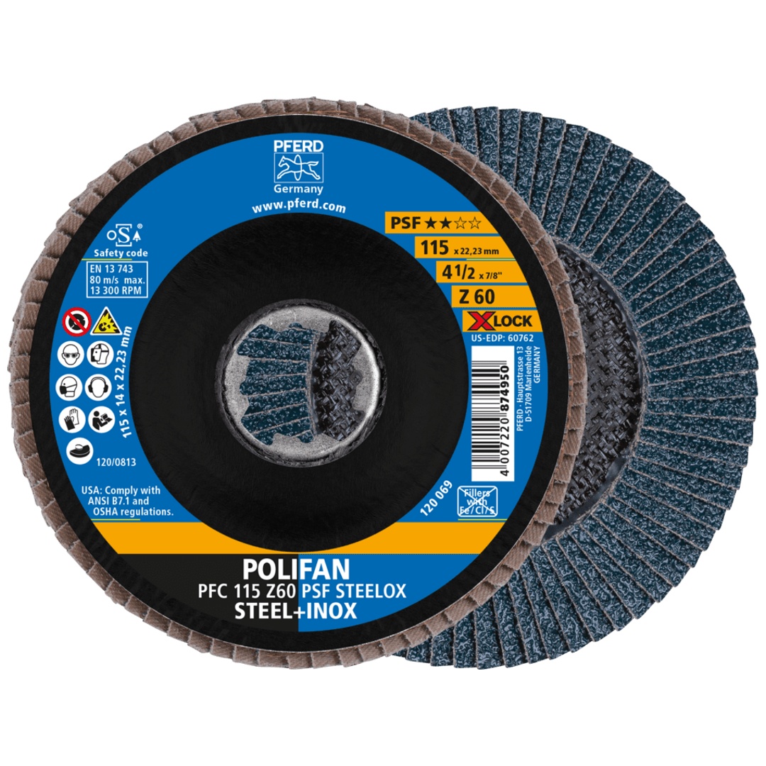PFERD TOOLS POLIFAN Fächerscheibe PFC 115 mm X-LOCK konisch Z60 Uni.-Linie PSF STEELOX Stahl/Edelstahl