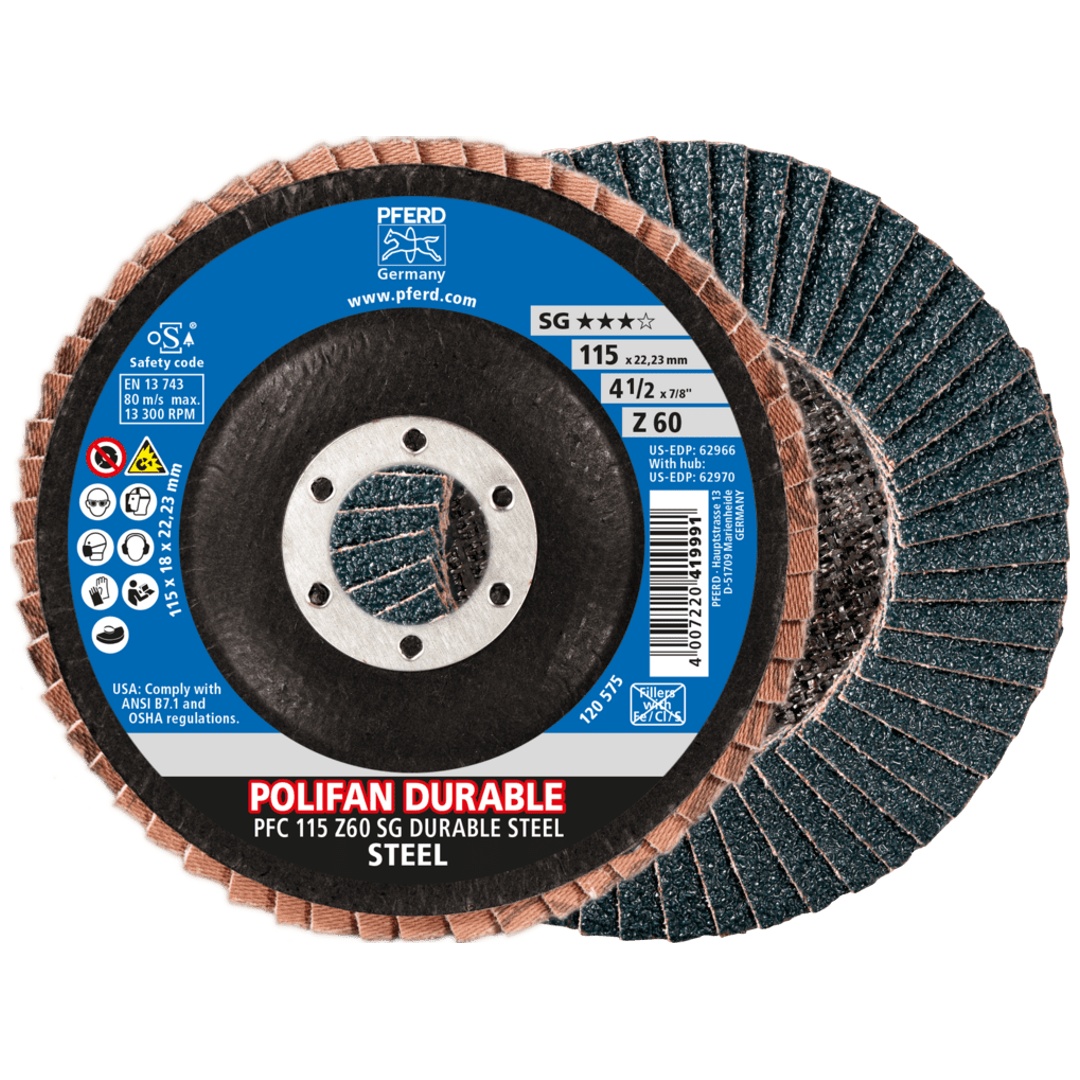 PFERD TOOLS POLIFAN POWER Fächerscheibe PFC 115x22,23 mm konisch Z60 Leistungslinie SG DURABLE STEEL für Stahl