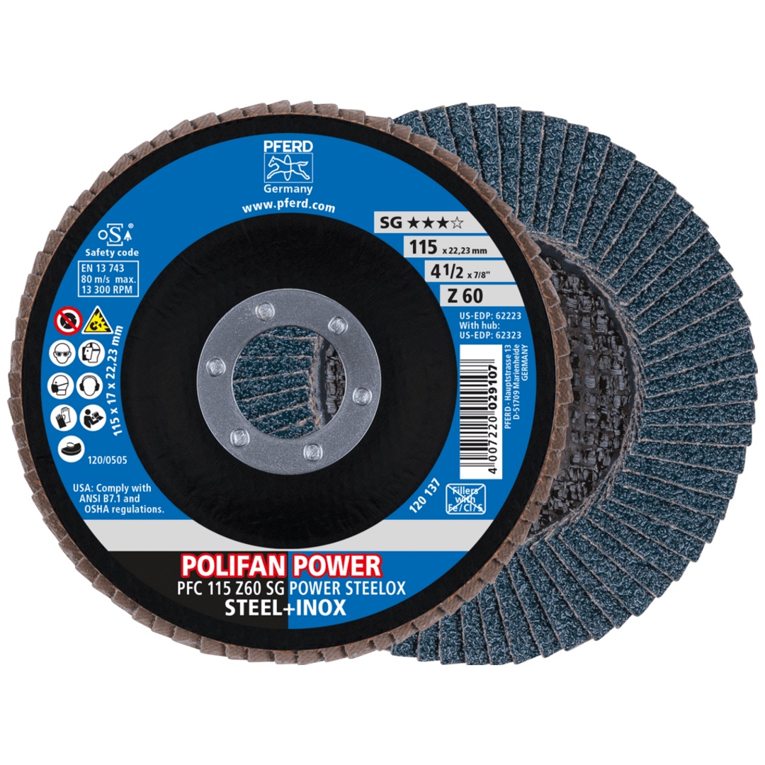 PFERD TOOLS POLIFAN POWER Fächerscheibe PFC 115x22,23 mm konisch Z60 SG STEELOX Stahl/Edelstahl