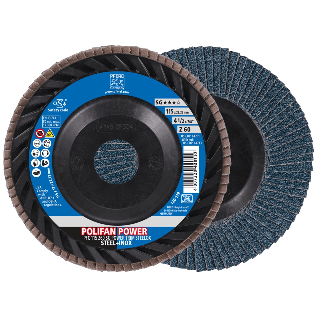PFERD TOOLS POLIFAN POWER Fächerscheibe PFC 115x22,23 mm konisch Z60 Leistungslinie SG TRIM STEELOX für Stahl/Edelstahl