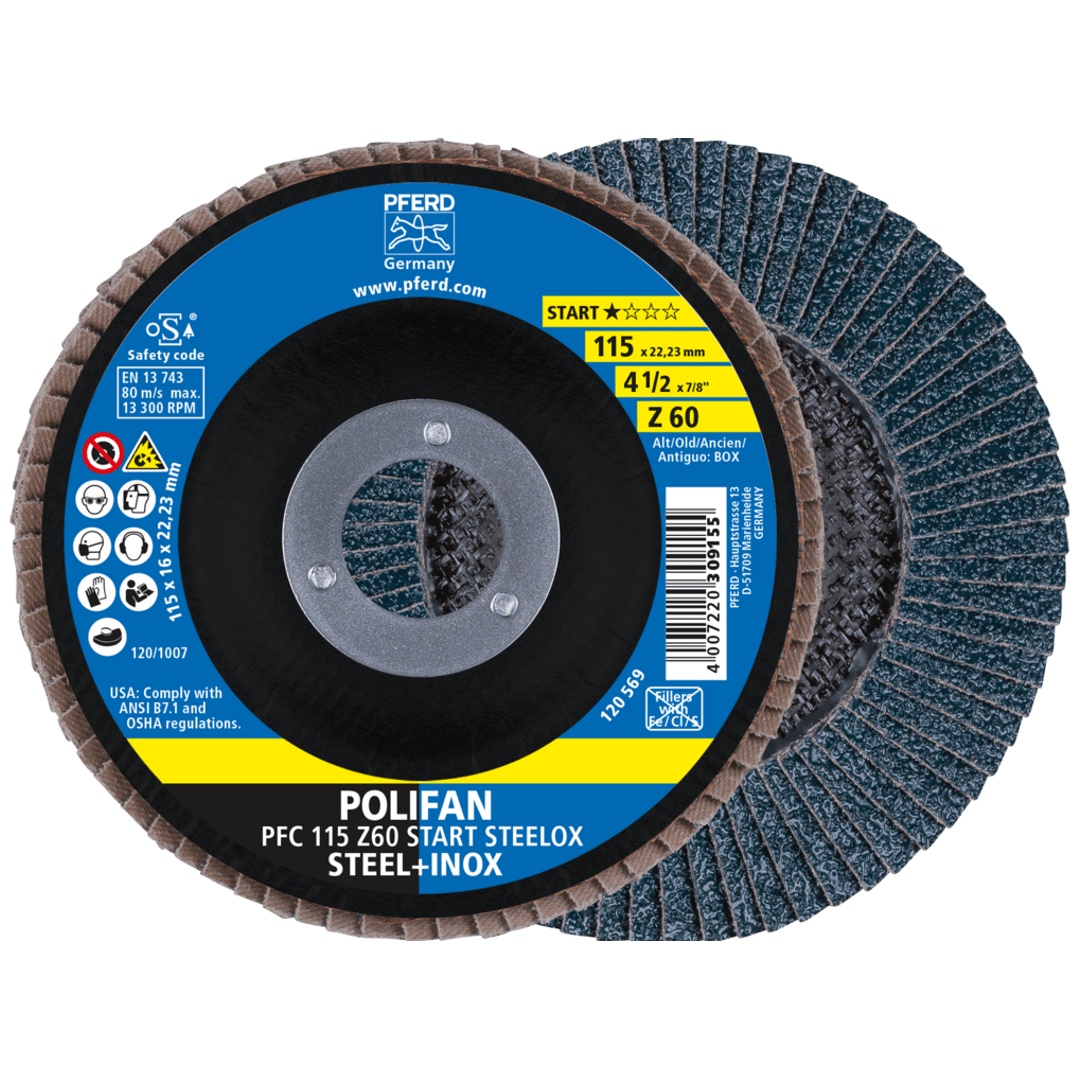 PFERD TOOLS POLIFAN Fächerscheibe PFC 115x22,23 mm konisch Z60 Startlinie START STEELOX Stahl/Edelstahl