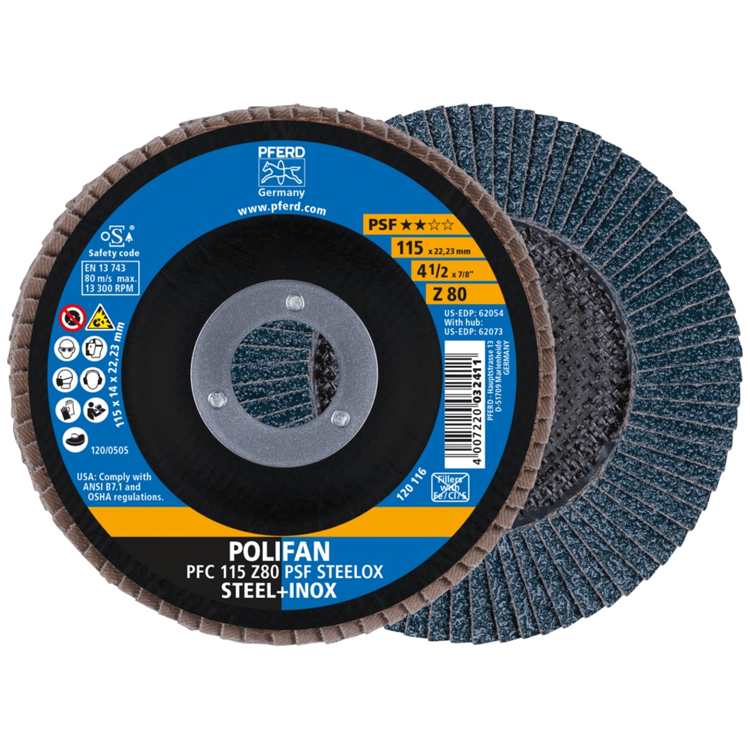 PFERD TOOLS POLIFAN Fächerscheibe PFC 115x22,23 mm konisch Z80 Uni.-Linie PSF STEELOX Stahl/Edelstahl