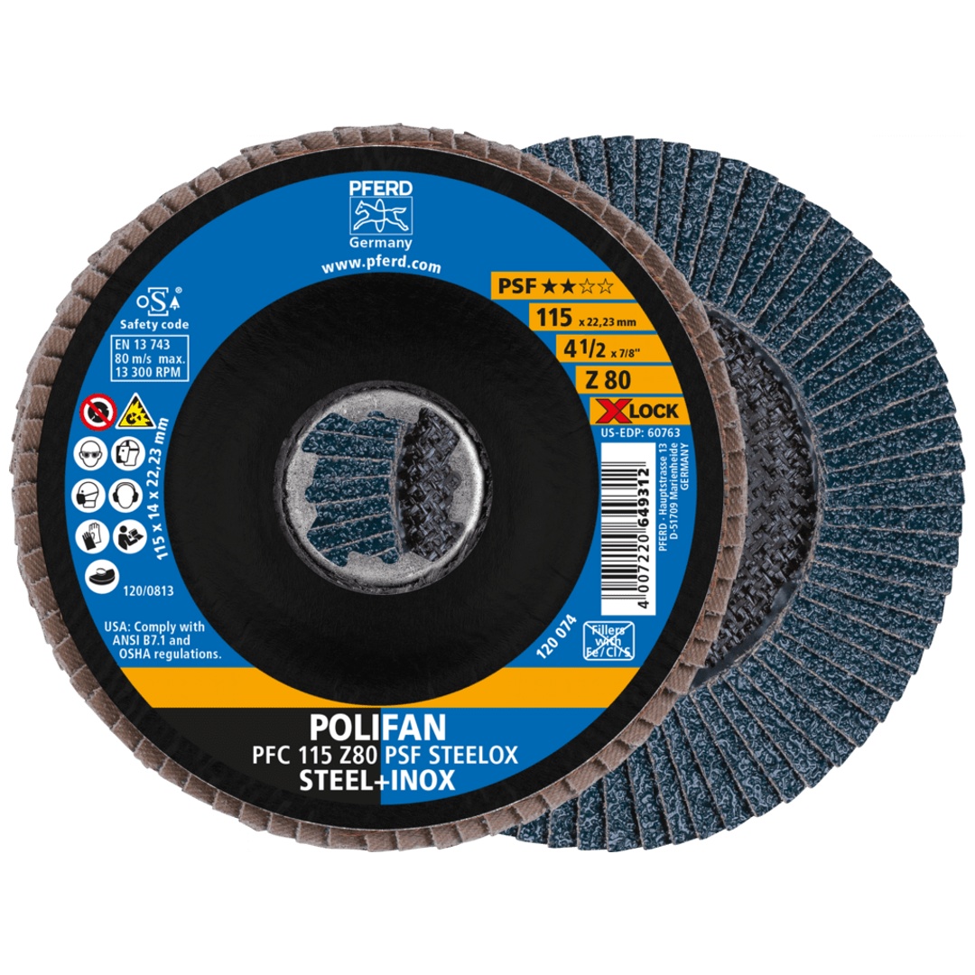 PFERD TOOLS POLIFAN Fächerscheibe PFC 115 mm X-LOCK konisch Z80 Uni.-Linie PSF STEELOX Stahl/Edelstahl