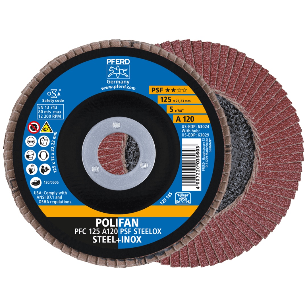 PFERD TOOLS POLIFAN Fächerscheibe PFC 125x22,23 mm konisch A120 Uni.-Linie PSF STEELOX Stahl/Edelstahl