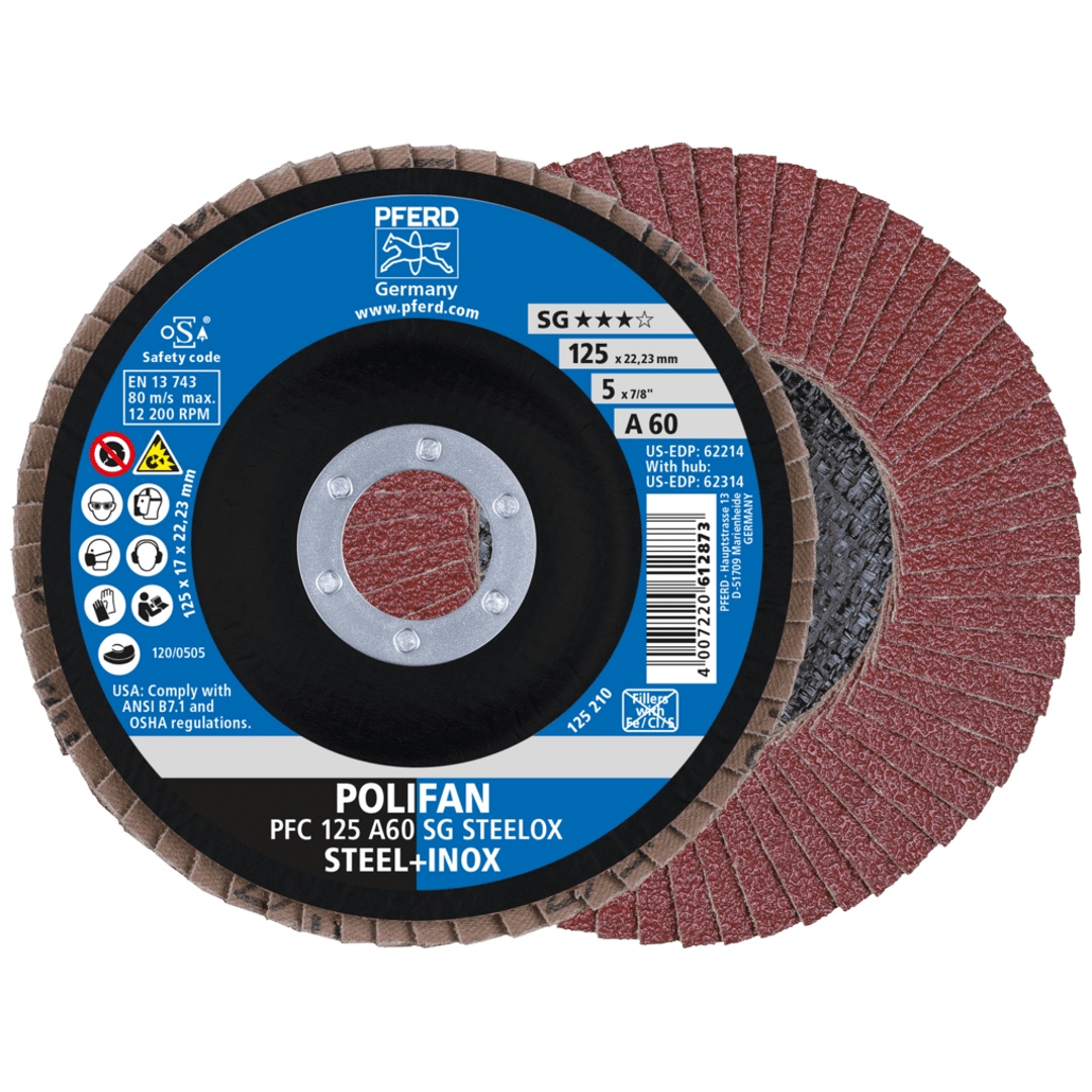 PFERD TOOLS POLIFAN Fächerscheibe PFC 125x22,23 mm konisch A60 SG STEELOX Stahl/Edelstahl