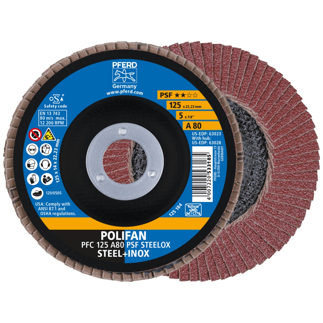 PFERD TOOLS POLIFAN Fächerscheibe PFC 125x22,23 mm konisch A80 Uni.-Linie PSF STEELOX Stahl/Edelstahl