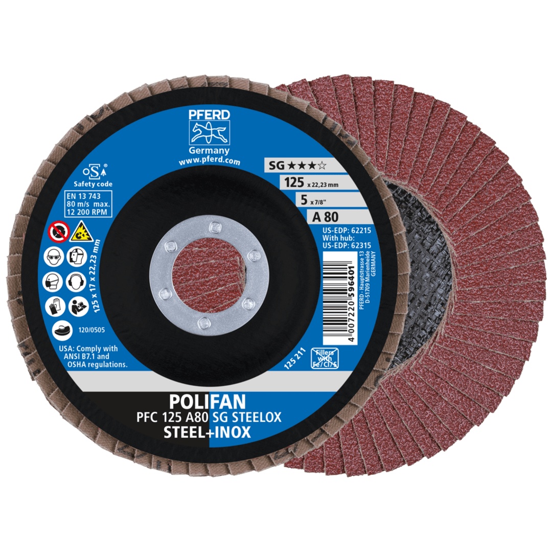 PFERD TOOLS POLIFAN Fächerscheibe PFC 125x22,23 mm konisch A80 SG STEELOX Stahl/Edelstahl