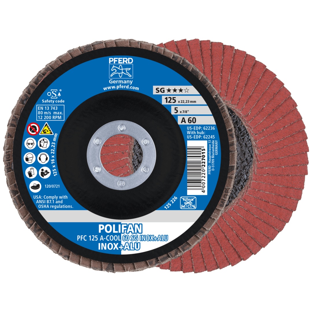 PFERD TOOLS POLIFAN Fächerscheibe PFC 125x22,23 mm konisch A-COOL 60 SG INOX+ALU Edelstahl/Alu