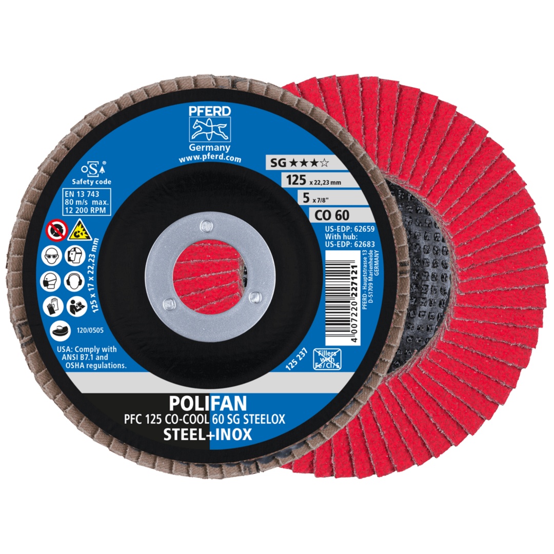 PFERD TOOLS POLIFAN Fächerscheibe PFC 125x22,23 mm konisch CO-COOL 60 SG STEELOX Stahl/Edelstahl
