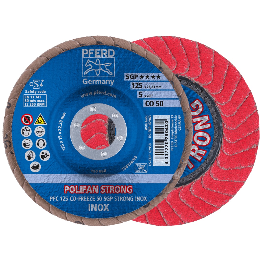PFERD TOOLS POLIFAN STRONG Fächerscheibe PFC 125x22,23 mm konisch CO-FREEZE 50 SGP INOX für Edelstahl