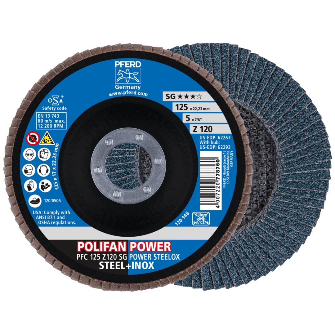 PFERD TOOLS POLIFAN POWER Fächerscheibe PFC 125x22,23 mm konisch Z120 SG STEELOX Stahl/Edelstahl