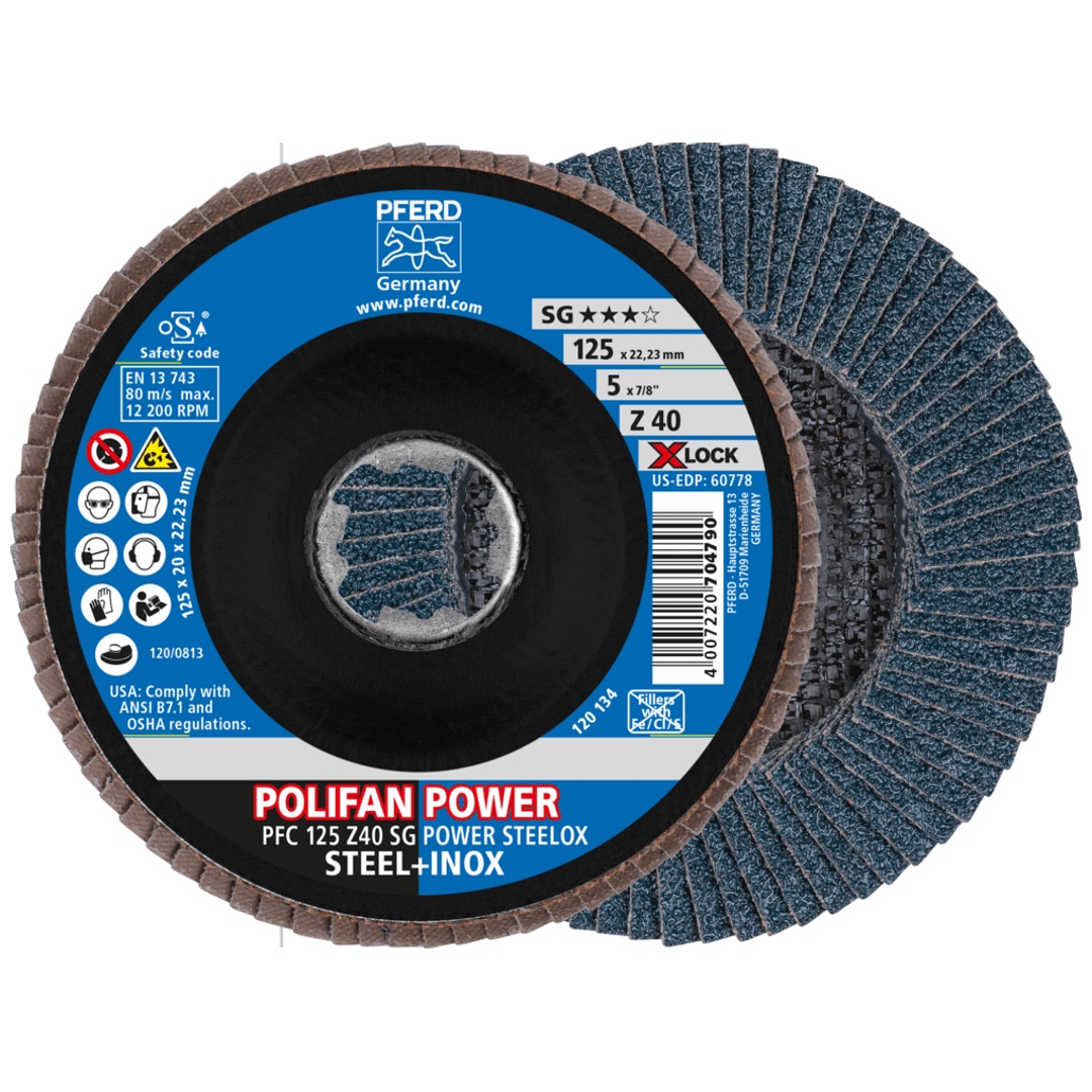 PFERD TOOLS POLIFAN POWER Fächerscheibe PFC 125 mm X-LOCK konisch Z40 SG STEELOX Stahl/Edelstahl
