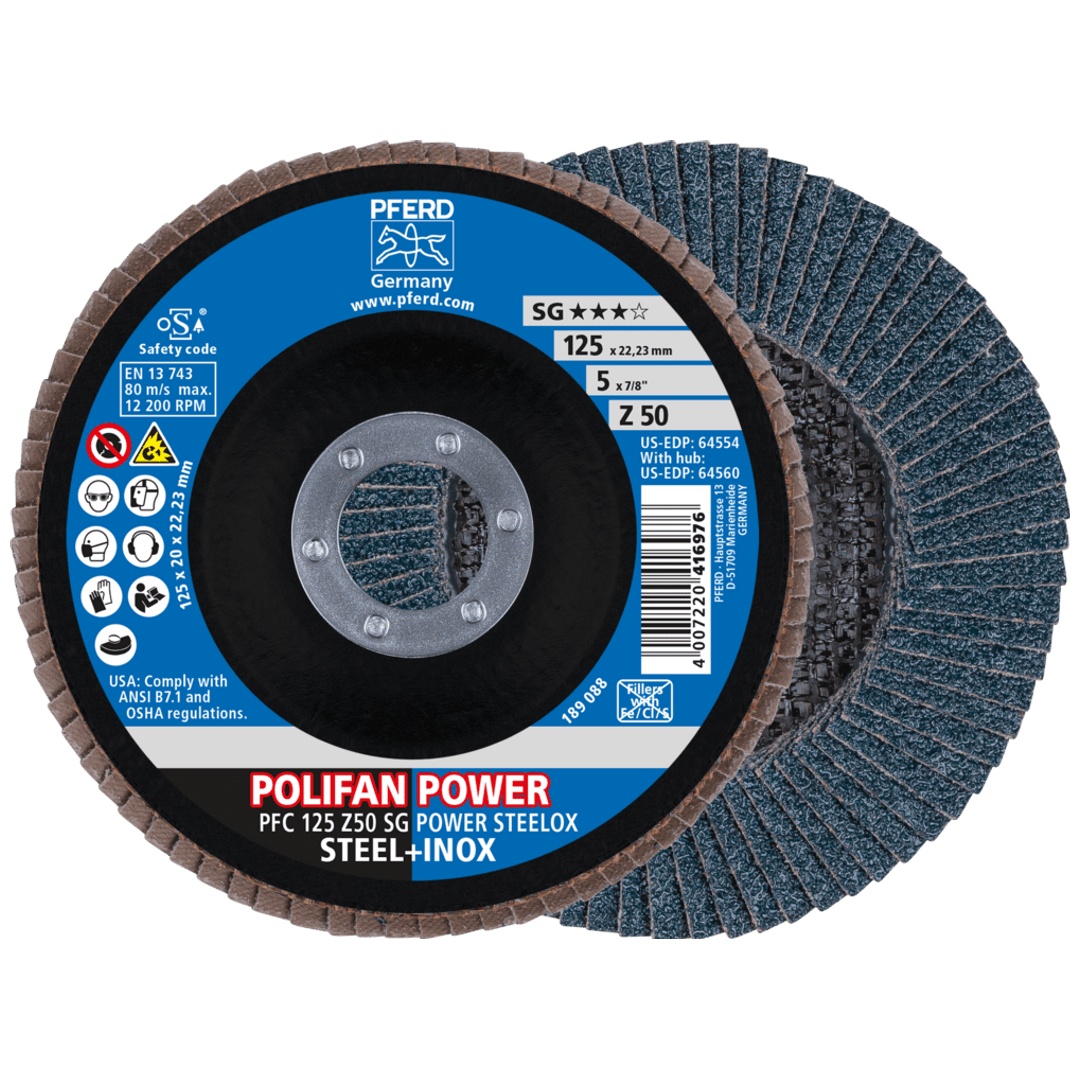 PFERD TOOLS POLIFAN POWER Fächerscheibe PFC 125x22,23 mm konisch Z50 Leistungslinie SG STEELOX für Stahl/Edelstahl
