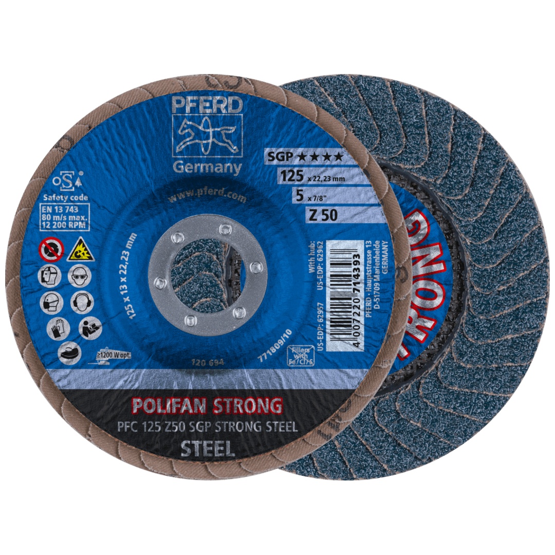 PFERD TOOLS POLIFAN STRONG Fächerscheibe PFC 125x22,23 mm konisch Z50 Speziallinie SGP STEEL für Stahl