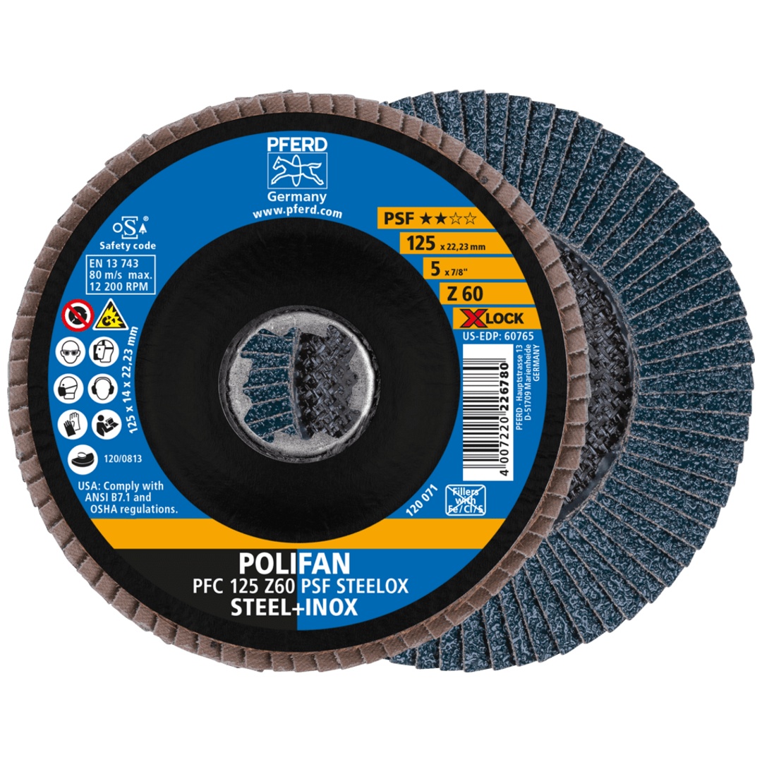 PFERD TOOLS POLIFAN Fächerscheibe PFC 125 mm X-LOCK konisch Z60 Uni.-Linie PSF STEELOX Stahl/Edelstahl