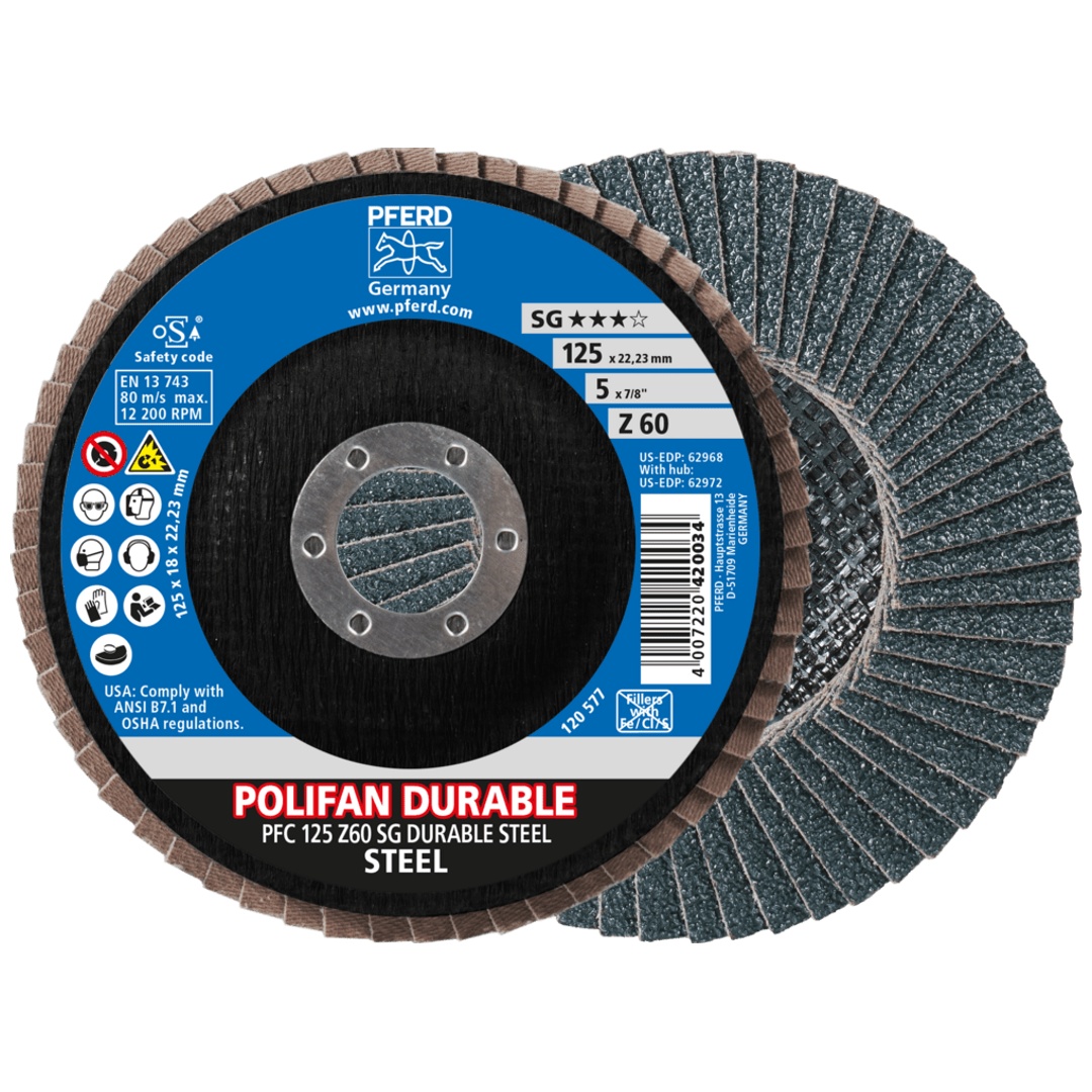 PFERD TOOLS POLIFAN POWER Fächerscheibe PFC 125x22,23 mm konisch Z60 Leistungslinie SG DURABLE STEEL für Stahl