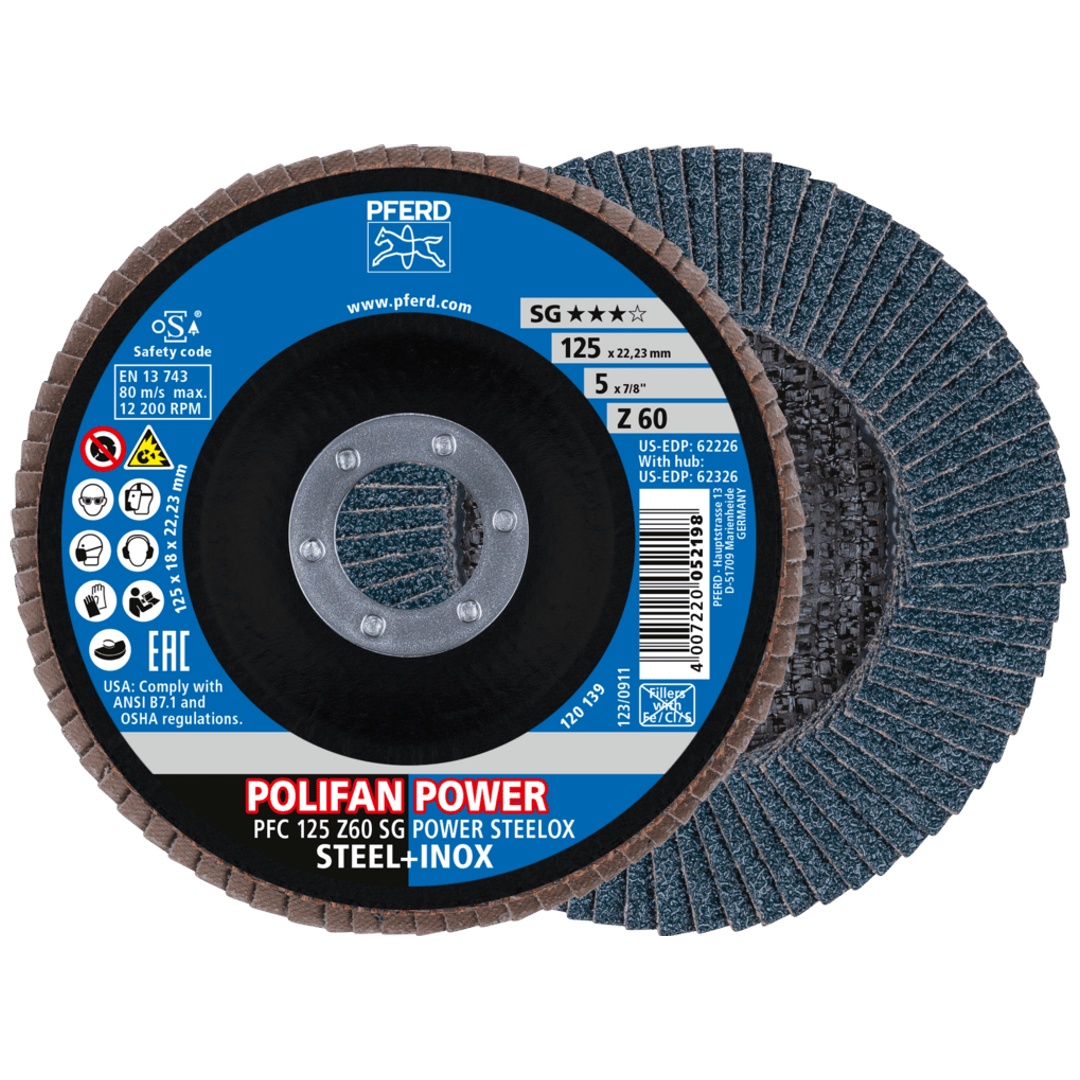 PFERD TOOLS POLIFAN POWER Fächerscheibe PFC 125x22,23 mm konisch Z60 SG STEELOX Stahl/Edelstahl