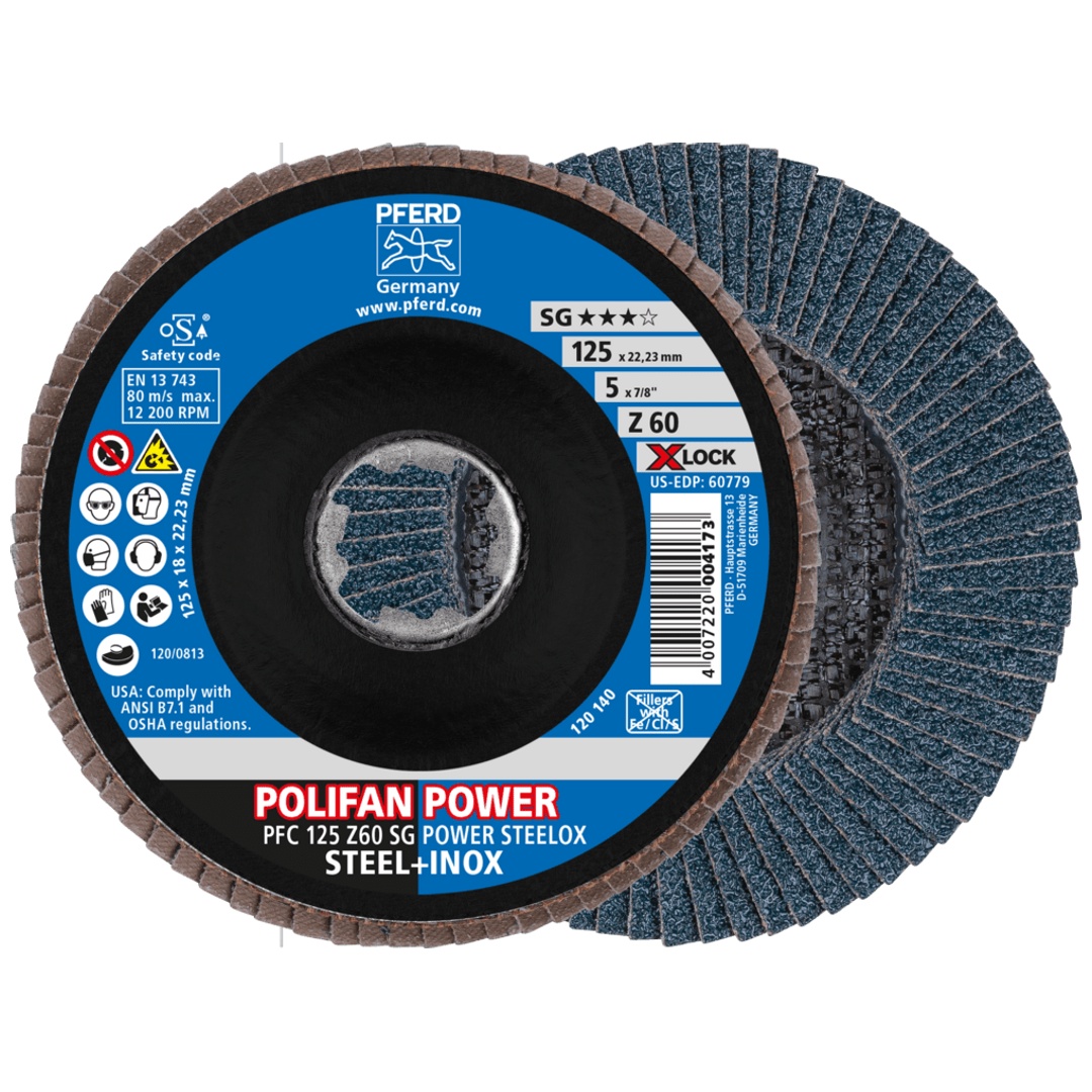 PFERD TOOLS POLIFAN POWER Fächerscheibe PFC 125 mm X-LOCK konisch Z60 SG STEELOX Stahl/Edelstahl