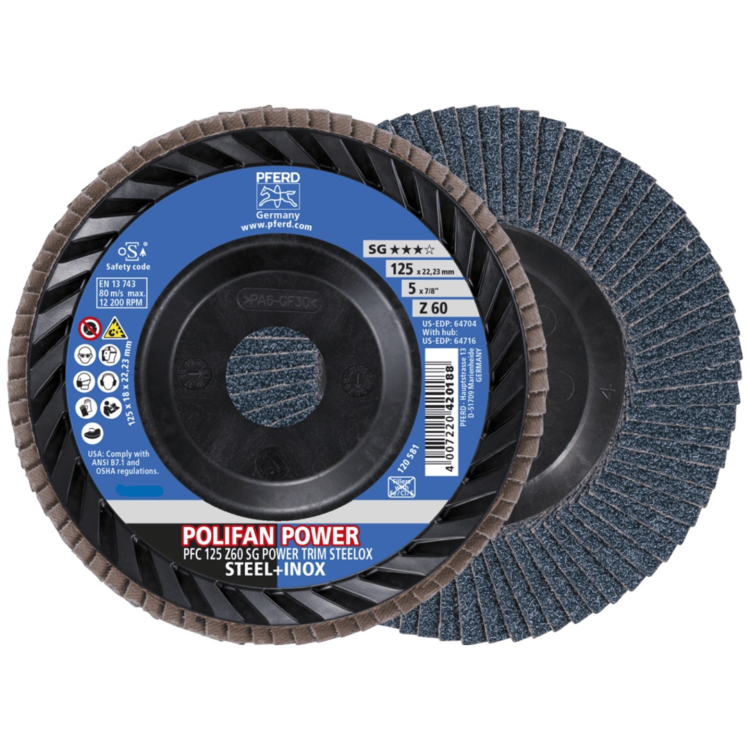 PFERD TOOLS POLIFAN POWER Fächerscheibe PFC 125x22,23 mm konisch Z60 Leistungslinie SG TRIM STEELOX für Stahl/Edelstahl