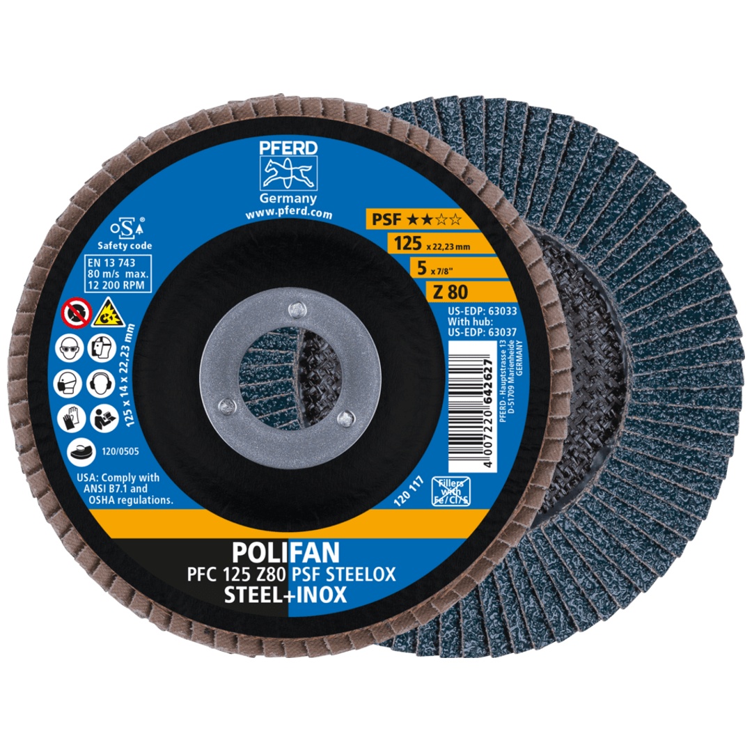 PFERD TOOLS POLIFAN Fächerscheibe PFC 125x22,23 mm konisch Z80 Uni.-Linie PSF STEELOX Stahl/Edelstahl (10)