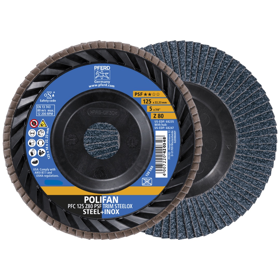 PFERD TOOLS POLIFAN Fächerscheibe PFC 125x22,23 mm konisch Z80 Universallinie PSF TRIM STEELOX für Stahl/Edelstahl