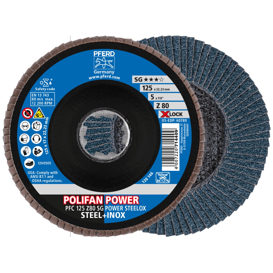 PFERD TOOLS POLIFAN POWER Fächerscheibe PFC 125 mm X-LOCK konisch Z80 SG STEELOX Stahl/Edelstahl