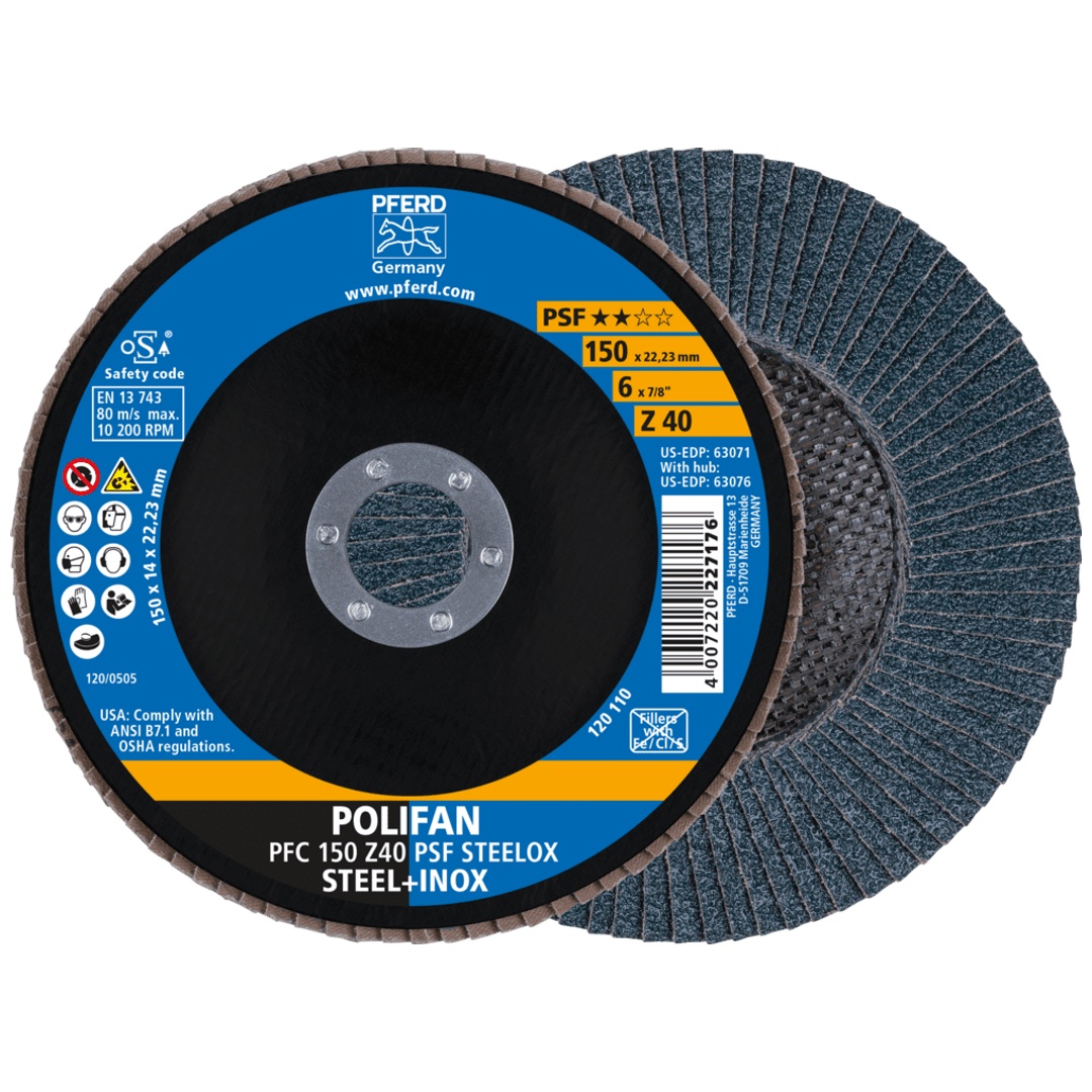 PFERD TOOLS POLIFAN Fächerscheibe PFC 150x22,23 mm konisch Z40 Uni.-Linie PSF STEELOX Stahl/Edelstahl
